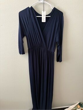 mother bee maternity v-neck 3/4 sleeve ruched waist dress Mother Bee Maternity Short Sleeve Ruched Waist Faux Wrap Maxi Dress
